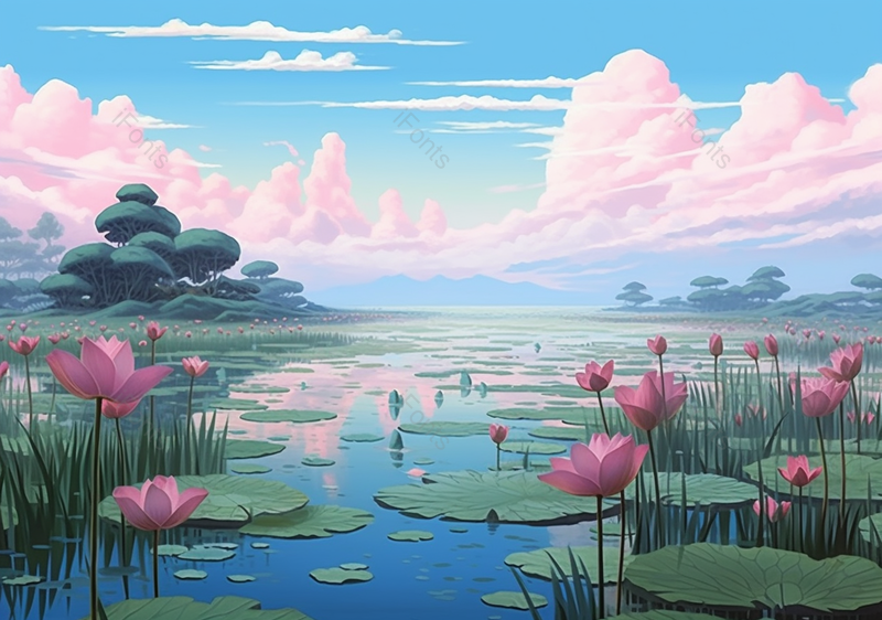 夏至山水荷花池风景背景图插画,插画/手绘图,插画/手绘图库,插画/手绘图下载,插画/手绘